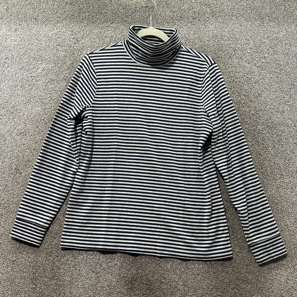 LL Bean TurtleNeck Top Women Medium Gray Stripe Cotton Timeless Layering Classic
